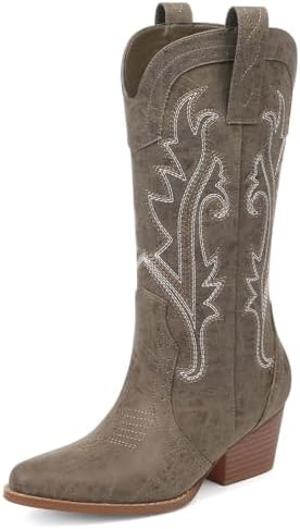 femflame Womens Cowboy Boots for Women Pointed Toe Chunky Heel Mid Calf Cowgirl Boot Embroidered Western Boots