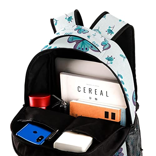 Sac à dos de voyage et campus bleu avec motifs papillons fleurs et filet porte-bouteille intégré