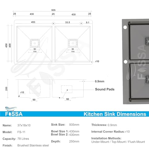 Image of Fossa 37 inchx18 inchx10 inch Double Bowl With Tap Hole Premium Stainless Steel Handmade Kitchen Sink Matte Finish (Black)