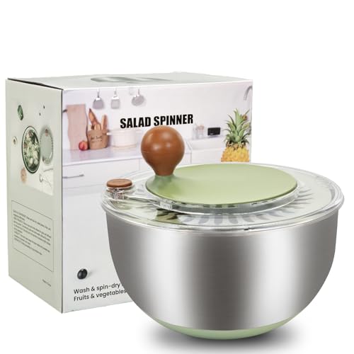 5.3Qt Stainless Steel Salad Spinner, Salad Spinner Stainless Steel With Stop Button & Drain Hole, Non-Slip Base, Vegetable Spinner Dryer, Dishwasher Safe For Kitchen