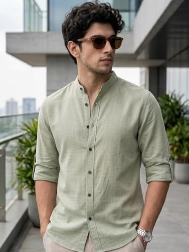 Image of Urbano Fashion Men's Linen Blend Full Sleeve Relaxed Fit Mandarin Collar Casual Solid Shirt