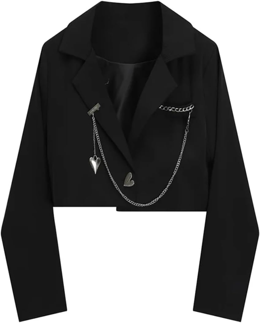 Vsadsau Casual Crop Blazers For Women Long Sleeve Turn Down Collar Chain Jackets Single Button Coats