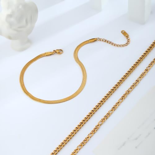 Image of Gold Anklets for Women Waterproof 14k Gold Plated Cuban Link Anklets Non Tarnish Rope Herringbone Ankle Chain Summer Beach Jewelry Gifts for Women