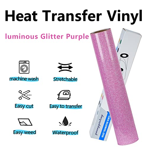 Image of guangyintong Heat Transfer Vinyl Glow Glitter HTV Rolls, Purple 12 inch x 5ft