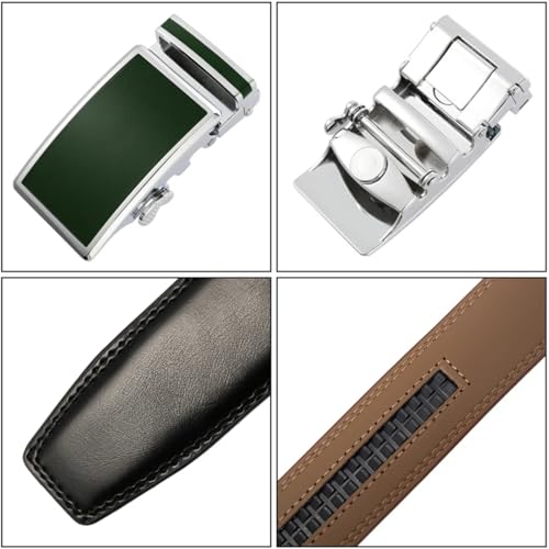 Men's Solid Color Automatic Belt, 3.5Cm Metal Buckle Work Belt, Handmade Brown Silver 105cm4