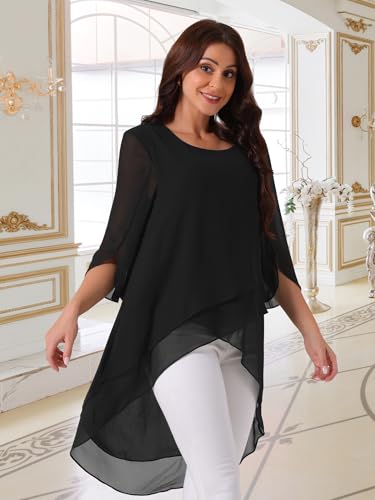 Seta T Women's High Low Tops Scoop Neck Chiffon Blouse Asymmetrical Loose Shirt 3/4 Sleeve Casual Summer Tops3