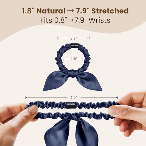 Image of THXSILK 100% Mulberry Silk Bow Scrunchies 3-Pack, 22 Momme Cute Bunny Ear Hair Ties for Women, No Damage Ponytail Holders for Fine Hair, Kawaii Hair Accessories for Girls(Red, Green, Navy Blue)