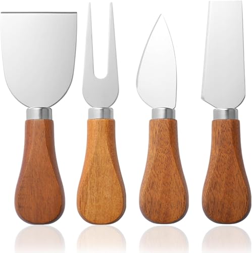 YUANQIAN 4-Piece Stainless Steel Cheese Knives Set with Wooden Handle & Gold Accents - Cheese Slicer, Spreader, Fork & Prickle - Luxury Charcuterie Board Accessories for Entertaining