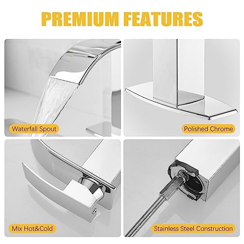 Besy Waterfall Spout Bathroom Faucet,Single Handle Bathroom Vanity Sink Faucet, Rv Vessel Faucet Basin Mixer Tap With Deck Plate, Stainless Steel Polished Chrome, 1 Or 3 Hole #TOP6