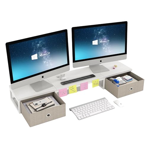 CAIYUN Wooden Monitor Stand With 2 Drawers, Riser With Smartphone Holder, 100cm Long Computer Desk for Printer (White)