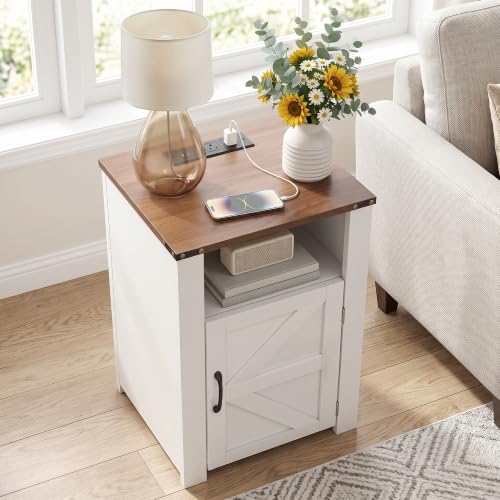 Image of VECELO Farmhouse Nightstand with Charging Station, Rustic Wooden Bedside Table,End Table with Open Shelf & Hidden Storage Cabinet for Bedroom, Living Room, White