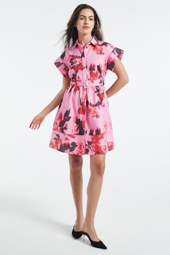 Image of D-Sun Women Button Down Shirt Dress V-Neck Floral Printed Short Sleeve Mini Dress Casual Belted Short Party with Pocket
