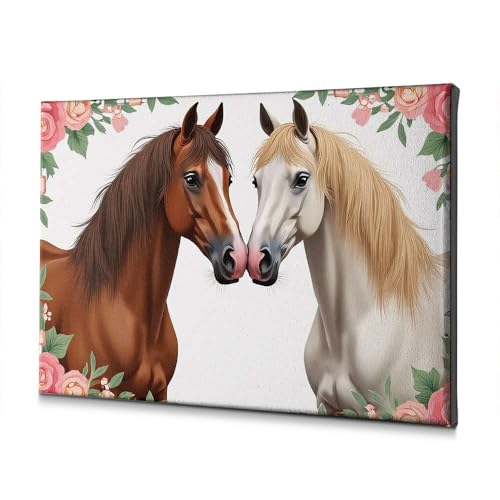 Tableau shabby chic deux chevaux avec fleurs fond vintage 40 x 60 cm