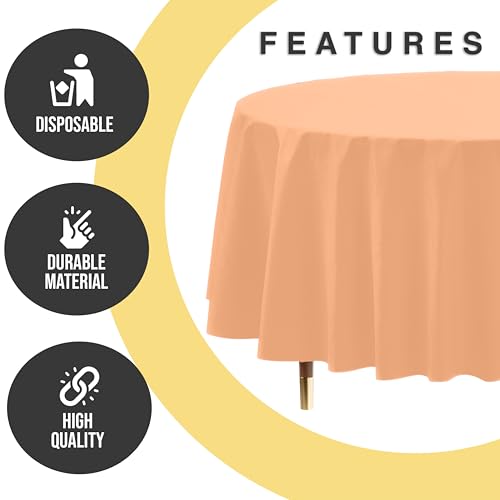 Image of Exquisite 66% Thicker Premium Peach Round Tablecloth 0.5 Mil 24 Pack Plastic Table Cloth Disposable 84 Inch Round Plastic Tablecloth Won't Tear Easily Like Cheap Thin Brands