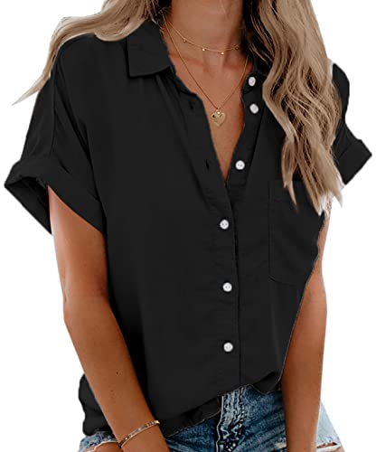 Womens Short Sleeve Shirts V Neck Collared Button Down Shirt Tops with Pockets4