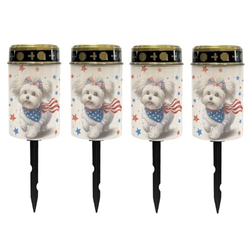 Image of Poceacles Maltese Dog American Flag Star Solar Powered Outdoor Lights 4th of July Cemetery Solar Memorial Lights Outdoor Waterproof Landscape Candles for USA 250th Anniversary Decor, 4 PCS