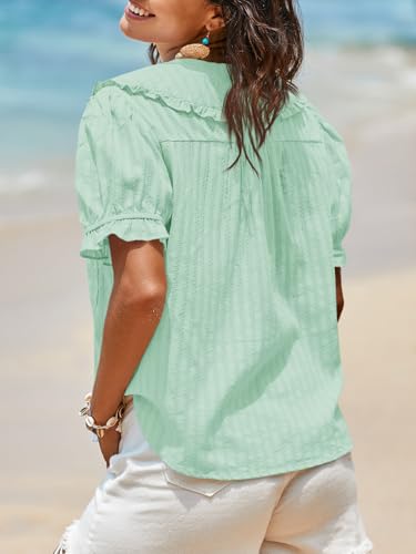 Image of Tankaneo Womens Puff Sleeve Shirts Peter Pan Collar Button Down Cotton Blouse Casual Summer Textured Tops