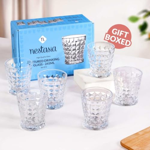 Image of Nestasia Transparent Set of 6 Small Juice Glasses (245 ml Each) - 100% Food Safe & Chip Resistant Raised Square Embossed Tapering Tumblers - Ideal for Water, Tea, Coffee & Refreshments