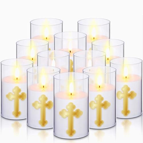 Baquler 12 Pcs Flameless LED Devotional Prayer Candle Easter Cross Flameless Candle Battery Powered 7 Day Sanctuary Candlestick Easter Religious Decoration for Church Hospital Home Altar 3×5 Inch
