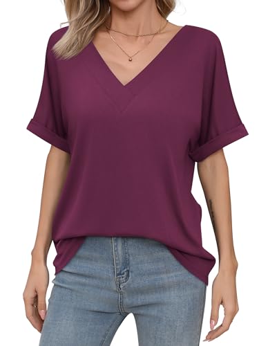 Missufe Women's V-Neck Batwing Sleeve Casual T-Shirt