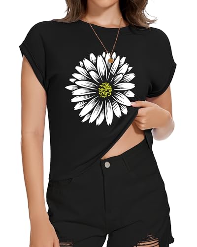 Image of Womens Crop Tops Summer Roll Cap Sleeve Cropped Tshirt Loose Fit Basic Tees
