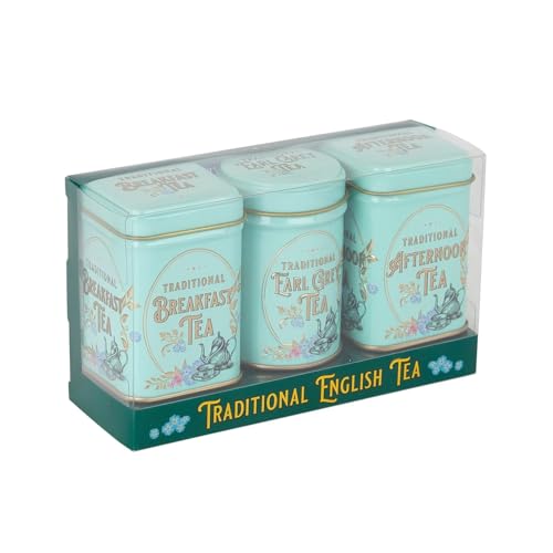 New English Teas | Caja regalo tres mini latas metal con té negro suelto English Breakfast, Earl Grey, negro tarde - 3 latas (70 gramos total)