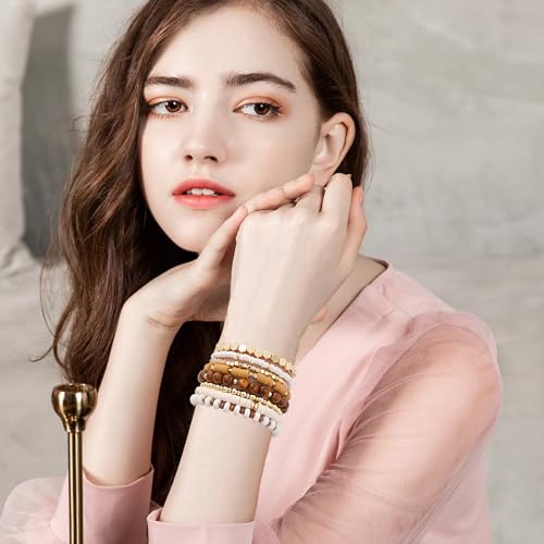 GOOJIDS Surfer Heishi Clay Bead Bracelets for Women Bohemian Stackable Gold Plated Beaded Stretch Bracelets Elastic Layering Friendship Brown Bracelets Set Boho Jewelry - Image 6
