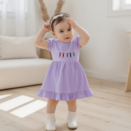 woshilaocai Toddler Baby Girl Back to School Dress Crayon Bow Embroidery Puff Sleeve Dresses Summer Clothes3