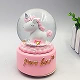 Castell Deco - Bola De Nieve 8x8x12cm, Globo De Cristal, Música & Luz - Unicornio, Innovador Decorativo, niña, Caja Musical, luz de Noche, mas de 7 melodías Diferentes.