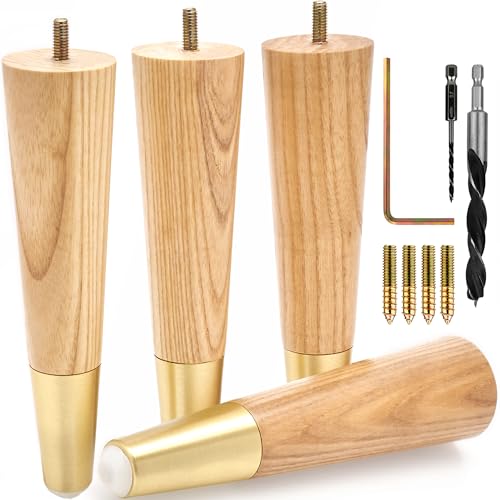 Image of Airy Abode Premium Ash Wood Furniture Legs with Gold Caps (Full Install Kit) - Pick Your Size and Color