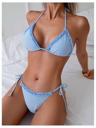 Verdusa Women's 2 Piece Striped Halter String Cute Bikini Sets Swim Suits Cheeky Triangle Bathing Suit3
