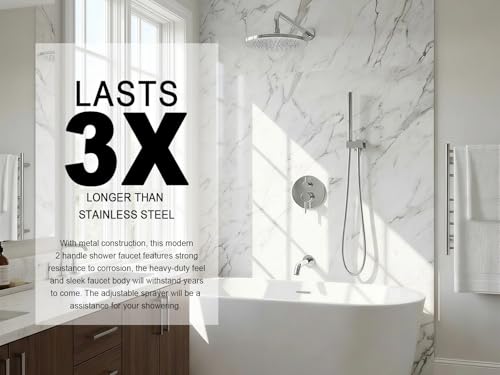 Image of Lava Odoro Modern 3-Setting Round Rain Bathtub and Shower Faucet Set, Chrome Rainfall Shower Head and Handle Set, Rain Shower System with Tub Spout, Shower Valve Trim Kit, Chrome, SF104-C-T