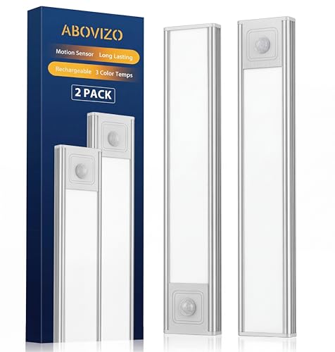 Image of Abovizo 2 Pack Under Cabinet Lighting, 3 Color Temps, Battery Operated Motion Sensor Light Indoor, Dimmable Under Counter Lights for Kitchen Stairs Closet Pantry