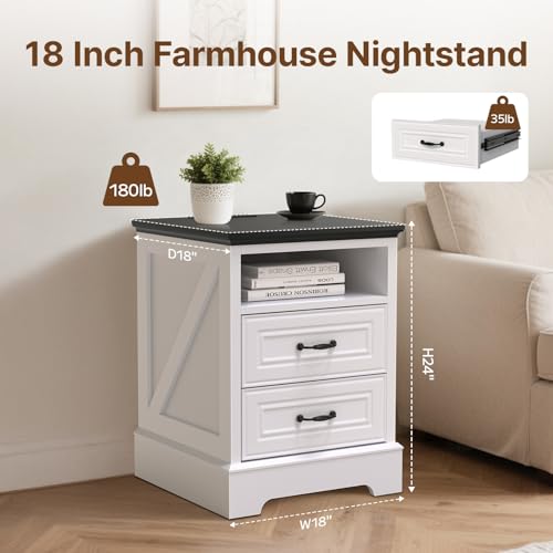 Image of Eongdon Nightstand with Charging Station, 18 inch W x 24 inch H Farmhouse Rustic Bedside End Table, 2 Storage Drawers & Open Compartment, Wooden Side Cabinet for Bedroom, Entryway, Living Room (White)