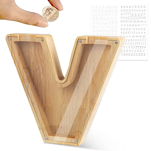 LEcylankEr Hucha para Niños, Huchas de Madera con Letras de A-Z, Personalizadas de Hucha con Transparente Decoración, Regalos Creativos de Huchas para Cumpleaños, Festivales (V)