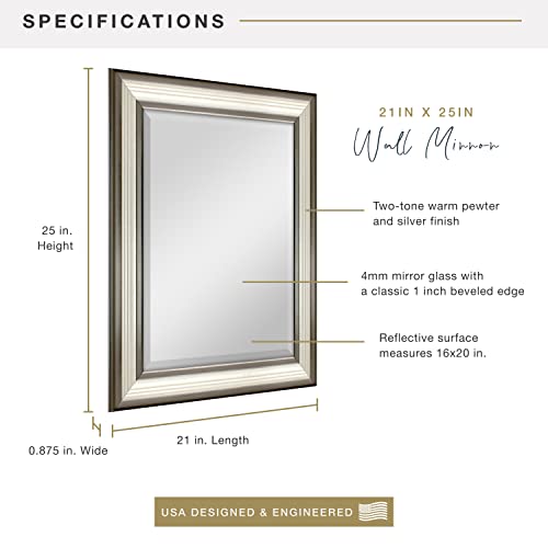 Image of MCS 21x25 Large Wall Mirror, Silver Frame & Beveled Detail Mirror, Vertical & Horizontal Wall Hanging Mirror for Bathroom, Bedroom & Livingroom