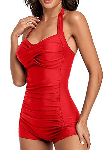 Elegant Inspired Boy-Leg One Piece Ruched Monokinis Swimsuit,Red-M #TOP1