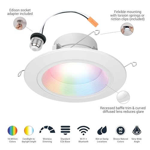Image of HALO 5 /6 in Smart Wi-Fi Recessed LED Downlight Connected by WiZ Pro with SpaceSense Motion Detection, Dimmable, Full Color Changing, 600 Lumens, Wet Rated Ceiling Light - RL56069WZRGBWWHR