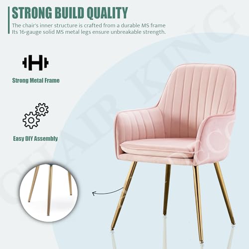 Image of Velvet Chair with Floral Pillow for Home | Modern Accent Armchair in Soft Velvet Fabric with Golden Legs | Set of 2 Premium Accent Chair for Living Room Bedroom Restaurent | (Baby Pink)