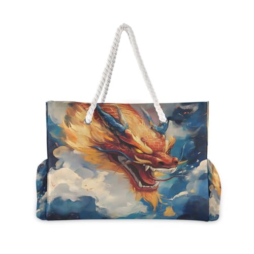 Large Beach Bags Totes Canvas Tote Shoulder Bag Cloud Dragon Water Resistant Bags for Gym Travel Daily2