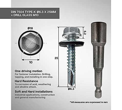 DOJA INDUSTRIAL | SELBSTSCHNEIDENDE SCHRAUBEN 6,3x25+Bohrbuchse M10 | PACK 100 Bohrschrauben mit Unterlegscheibe+1 Sechskant Bit Steckschlusselsatz | Blechschrauben Karosserie, Dachblech, Alu Blech