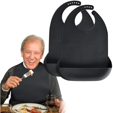 Kinggrand Kitchen Adult Bibs for Men, Women - Silicone Adult Bibs for Elderly - Washable Adult Bibs with Crumb Catcher - Black, 2 Pack Cover