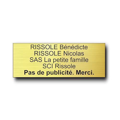 Plaque Boite Aux Lettres Personnalisable - 12x5 cm - 1 à 6 Lignes - Étiquette Avec Nom Adhésive - Gravée et Personnalisée pour Sonnette - Porte - Maison - Famille - Bureau - Stop Pub (Or Radial)