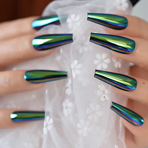 Extra Long Trapezoid Coffin Chrome False Nails Metallic Mirror Acrylic Press On Nails Rainbow Holo Ballerina Punk Popular Fake Nail Set For Women And Girls #TOP3