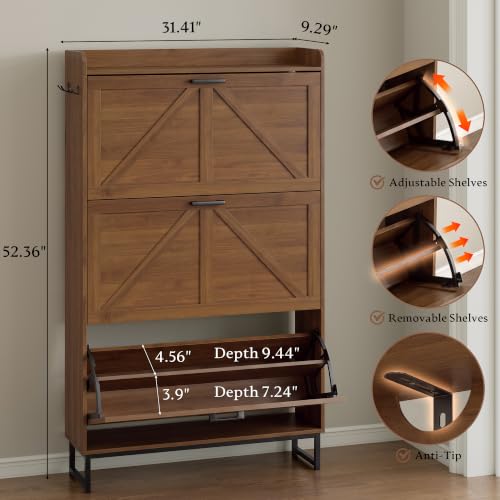 Image of BORNOON Shoe Cabinet with 3 Flip Drawers Narrow Shoe Storage Cabinet Organizer Wooden Freestanding Shoe Rack Hidden Slim Shoes Storage Cabinet for Entryway, Hallway, Living Room, Bedroom
