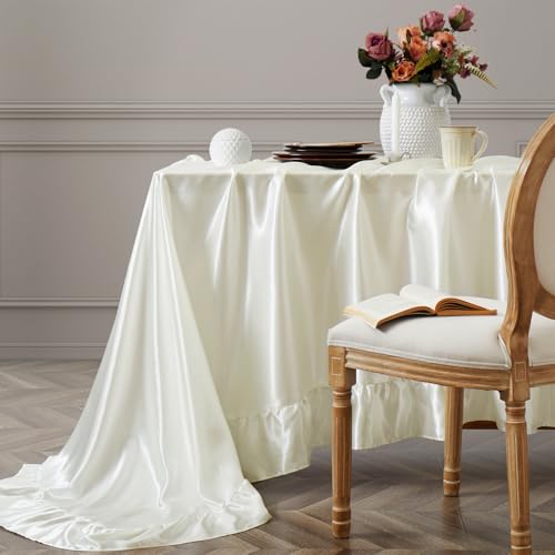 Vonty Ruffle Tablecloth White Satin Tablecloth - 60' x 102', Silky Table Cloth Rectangle Scalloped Table Cloth Farmhouse Tables Cover Silk Tablecloths Vintage Tables Skirt for Kitchen Dining