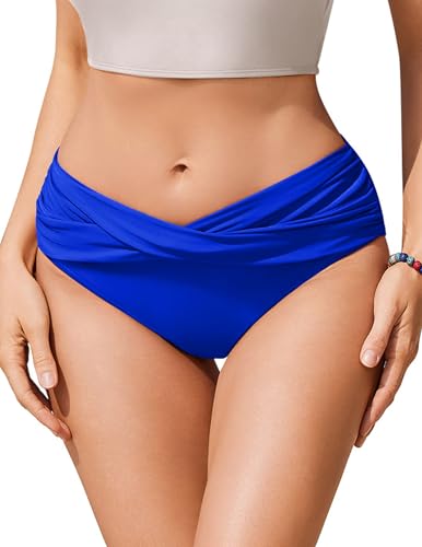 Ekouaer Bikinitrosor för kvinnor, V-skuren, magkontroll, badbyxor, bikiniunderdel, badmode, S–XXL, Safirblått, S