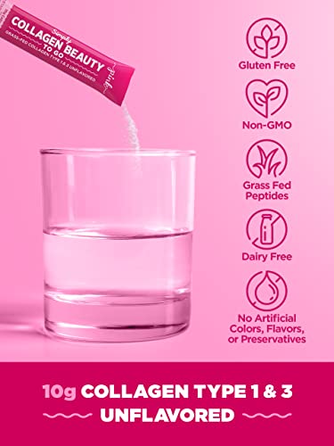 Pink Collagen Powder To Go | 20 Travel Packets | Unflavored Powder Type 1 & 3 | Gluten Free & Non-Gmo Grass Fed Peptides #TOP3