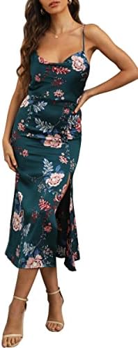 Women's Sleeveless Spaghetti Strap Satin Wedding Guest Party Dress Cocktail Evening Cowl Neck Backless Midi Formal Dresses… (XL, Green Floral)