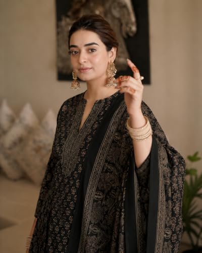 Image of GoSriKi Kurta Sets for Women Viscose Blend Printed | Kurti Set for Woman | Kurta Palazzo Dupatta Set | A Line Kurti | Mandarin Collar 3 /4 Sleeve Suit Set for Women Stylish Ethnic Outfit
